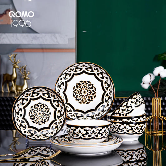 12/20/30/40 Piece Porcelain Tableware sets for 4/6/8 People - Combination Golden Border Floral Stamen Pattern, Glazed Craftsmanship