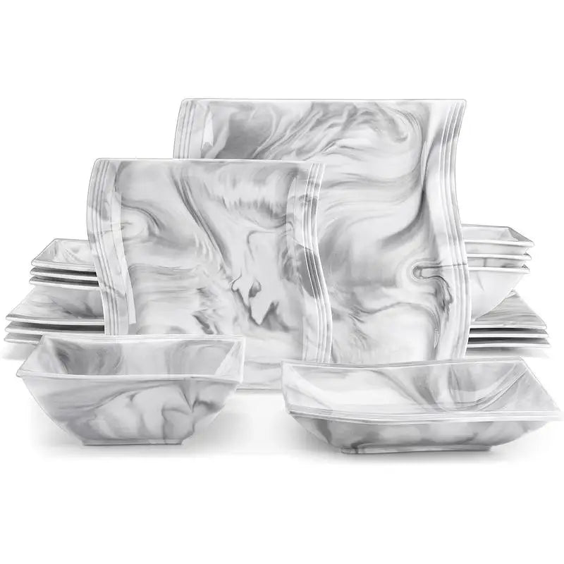 16 Piece Ivory Square Plates and Bowls Set, Unique Design