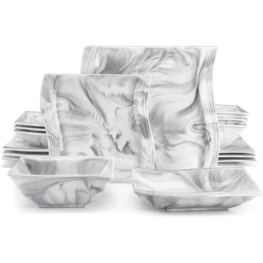 16 Piece Ivory Square Plates and Bowls Set, Unique Design