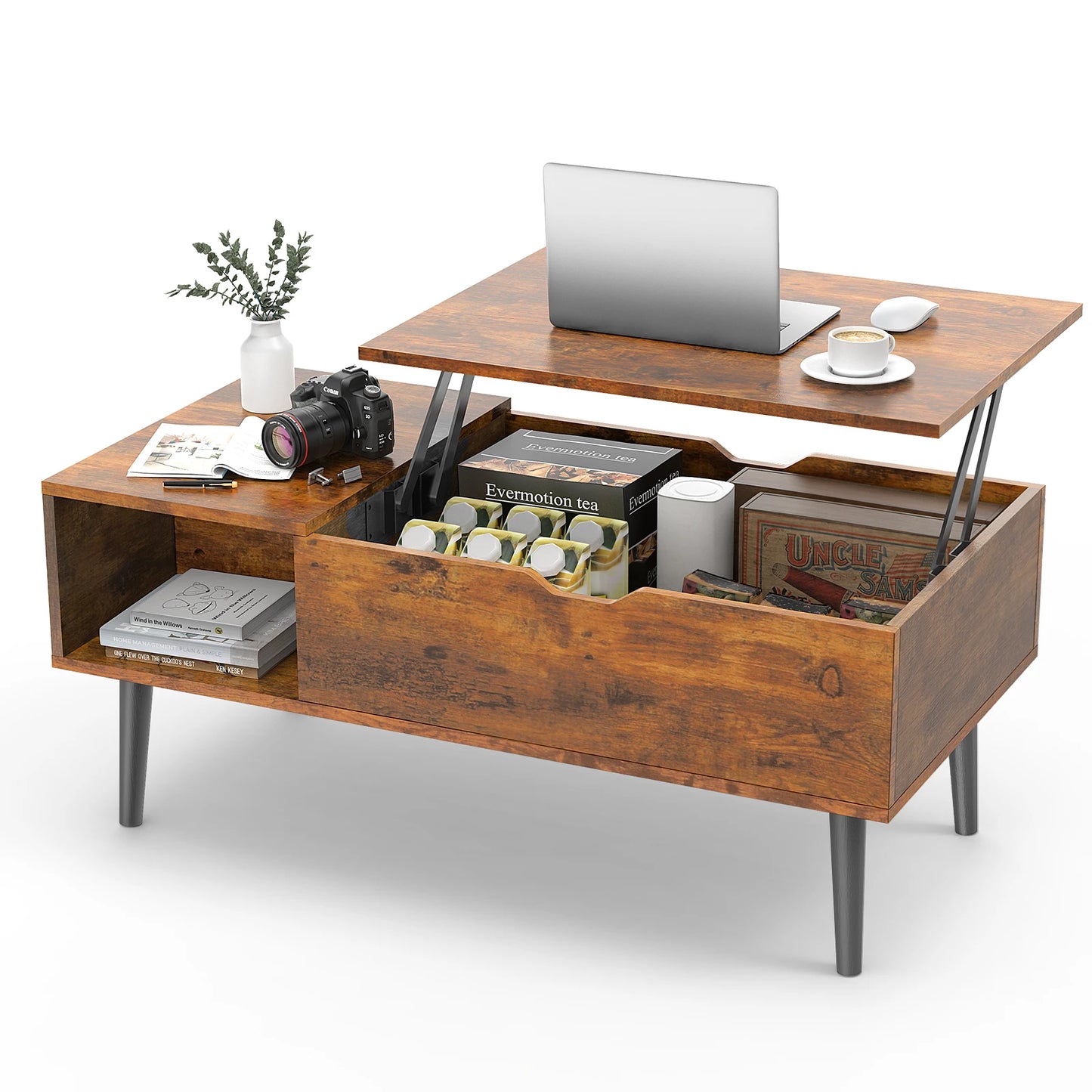 Lift Top Coffee Table 39.37"x19.7" Tea Wood Easily Adjustable Storage Shelf/Desk