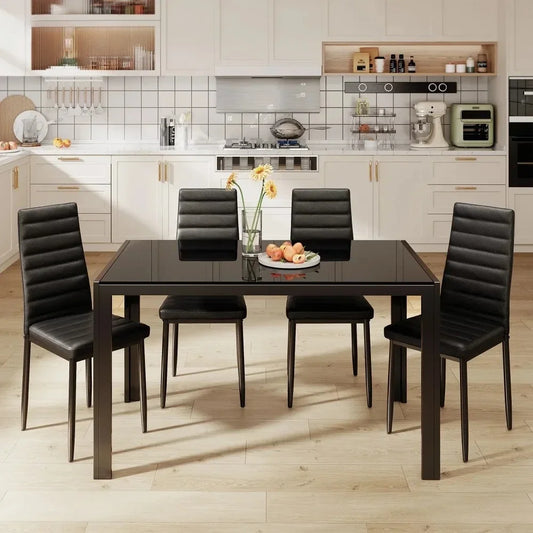 5 Piece Glass Dining Table Set for 4, PU Leather Chairs, Black or White
