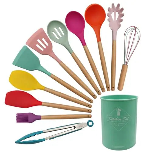 12 Silicone Kitchen Utensils with Solid Wood Handles, and a Holder Bucket - Multiple Color Options