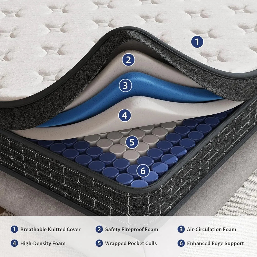 12 Inch Mattresses in a Box, Individually Wrapped Pocket Coils for Isolate Motion, Pressure Relief