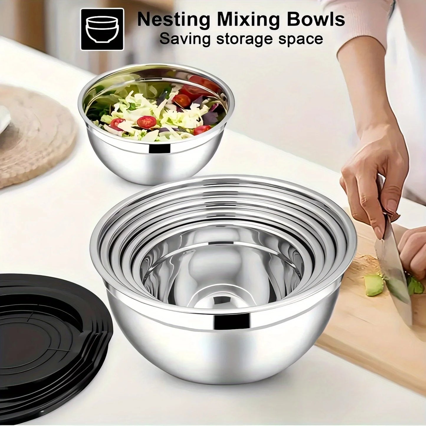 17pcs, Stainless Steel Mixing Bowl Set w/ Grater Attachment, non-stick