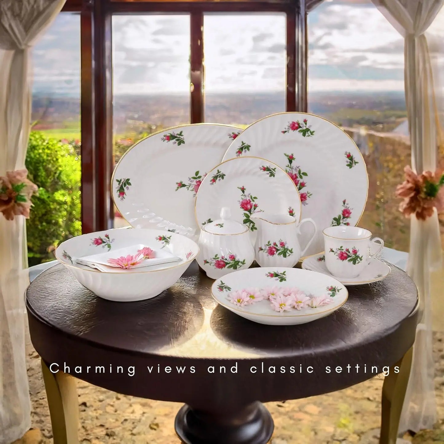 45 - Piece Vintage Rose Dinnerware Set - 24K Gold Trim, Embossed Floral  Swirl