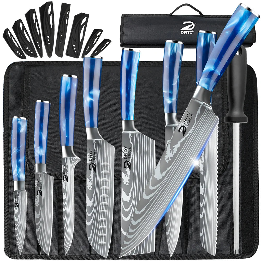 8 piece Kitchen Knives - Damascus Stainless Steel: Chef Knife, Utility, Paring, Boning, Cleaver, Slicing Santoku, Includes Professional Carrying Bag