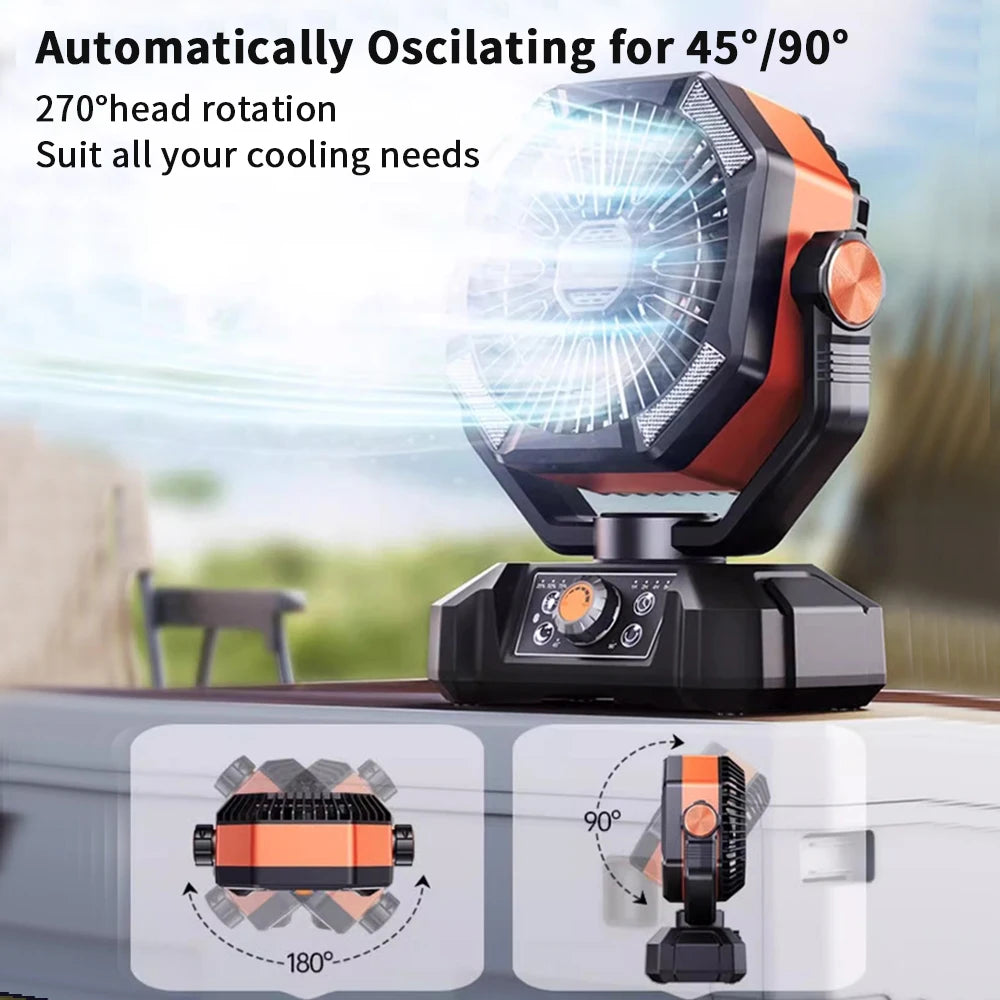 Outdoor Camping, Fishing etc., Fan with 4 LED Lantern, 8 Speeds, Auto-off Timer 20000mAh Battery
