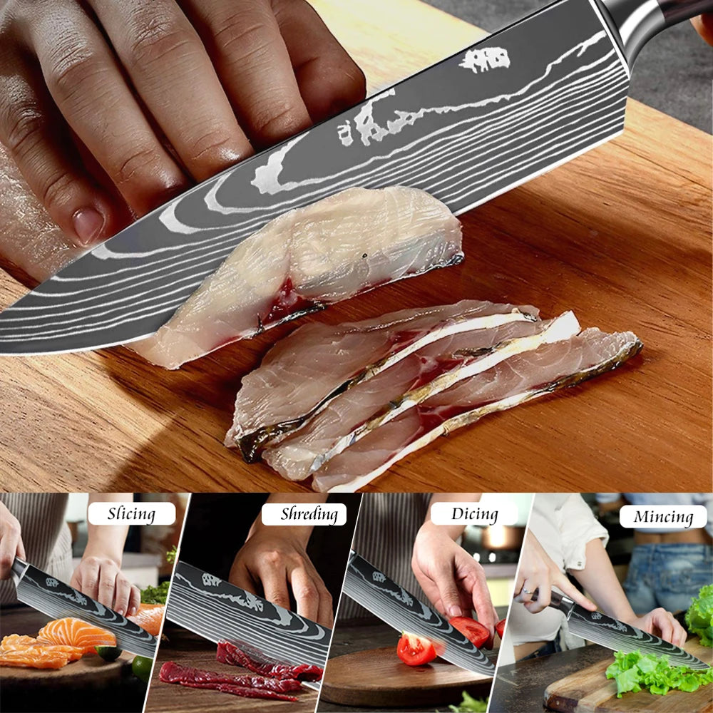 8 Piece Kitchen Knife Set: Damascus Stainless Steel, Chef, Slicing, Meat Cleaver, Utility, Paring, Bread Knife