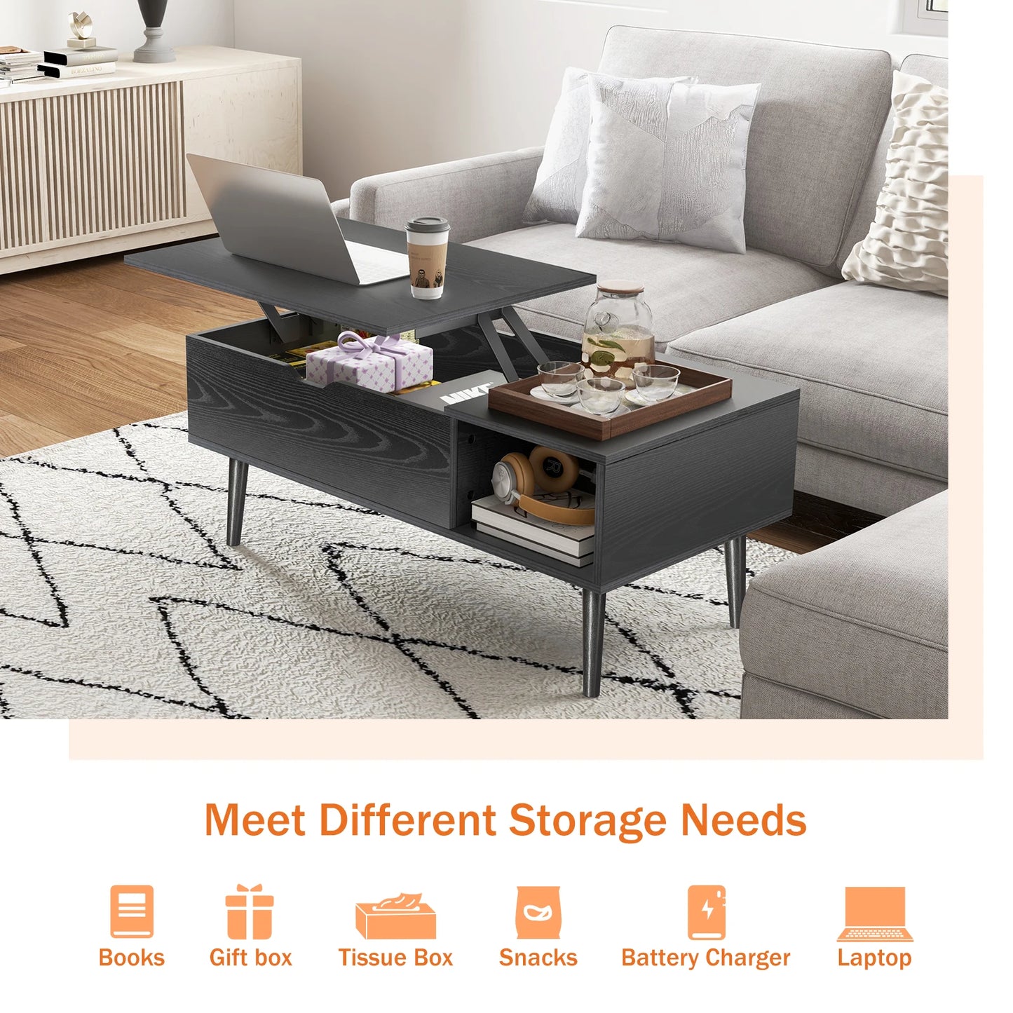 Lift Top Coffee Table 39.37"x19.7" Tea Wood Easily Adjustable Storage Shelf/Desk