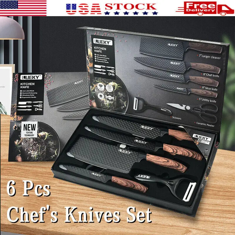 Stainless Steel Kitchen Knives Set with Non-stick Coating: Forged Kitchen Knife, Scissors, Vegetable Peeler, Slicer, Paring Knife; Sophisticated Diamond Pattern