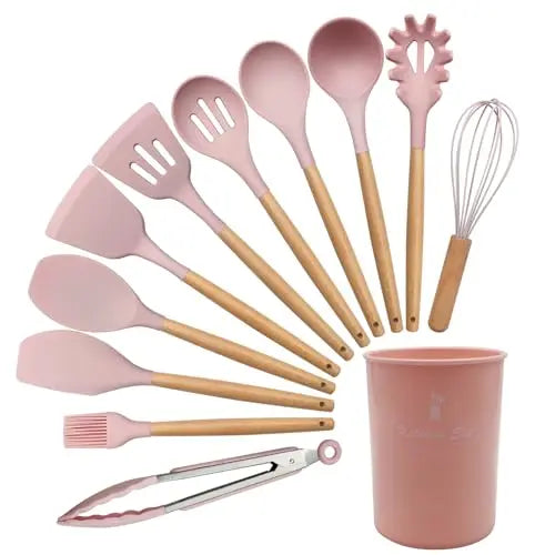 12 Silicone Kitchen Utensils with Solid Wood Handles, and a Holder Bucket - Multiple Color Options