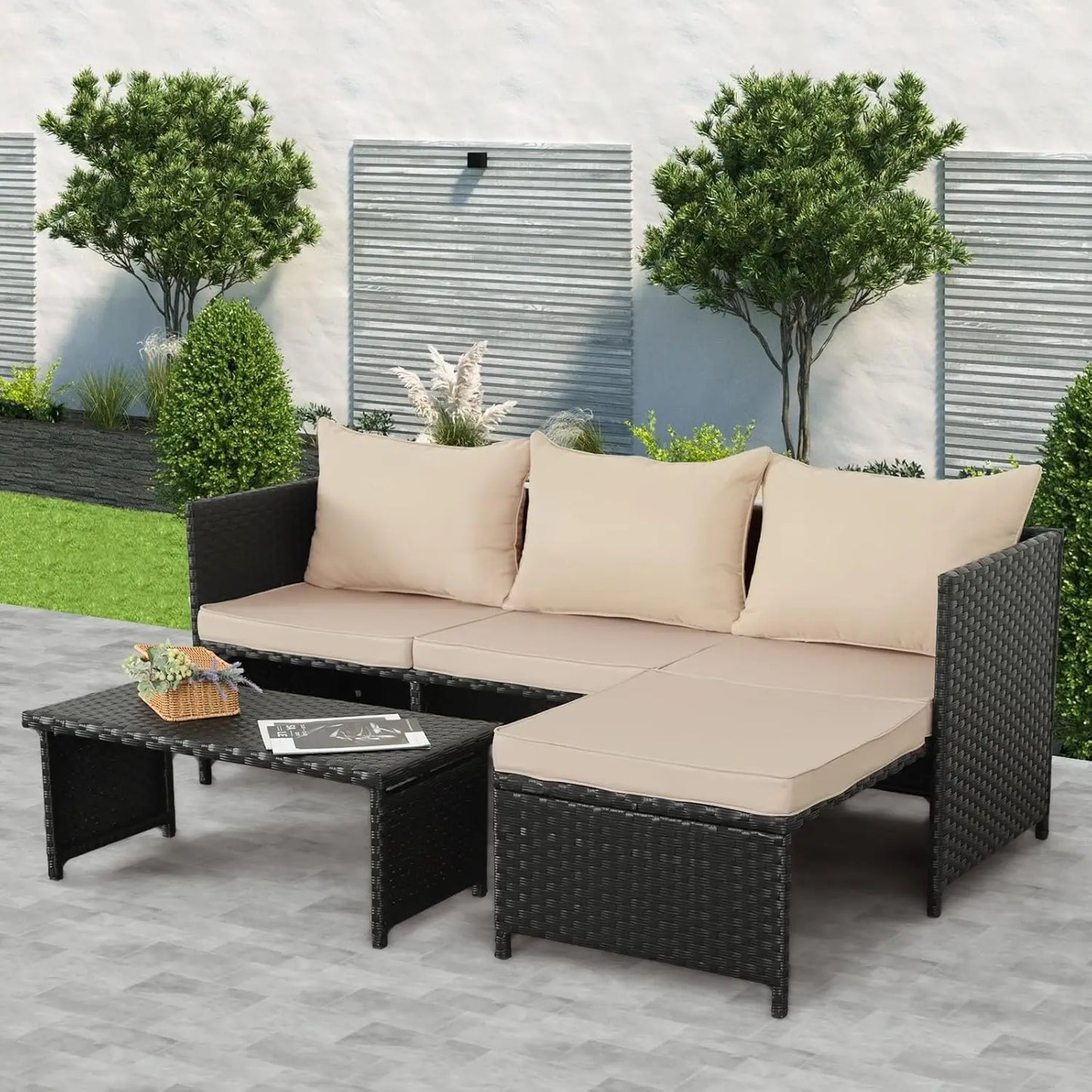3-Piece Black Wicker PE Rattan Patio Furniture Set - Khaki Cushions