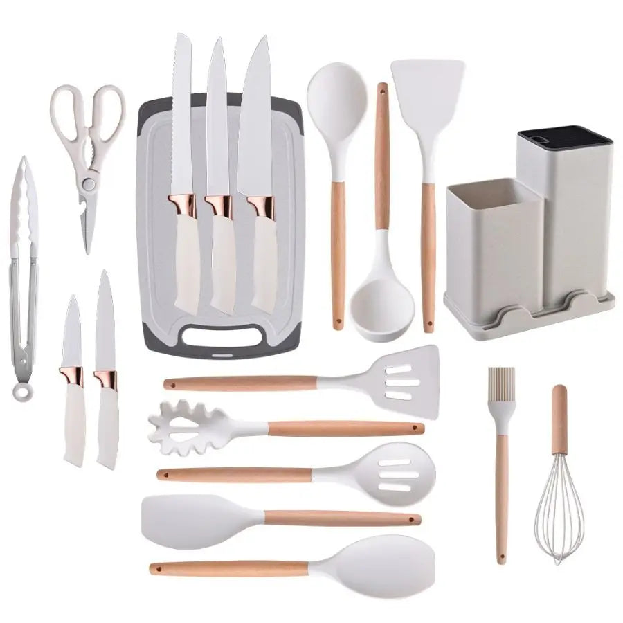 19 piece Silicone Kitchenware Set: Cooking Spoon, Shovel, Cutting Board, Fruit Knife, Chef Knife, Combination Set