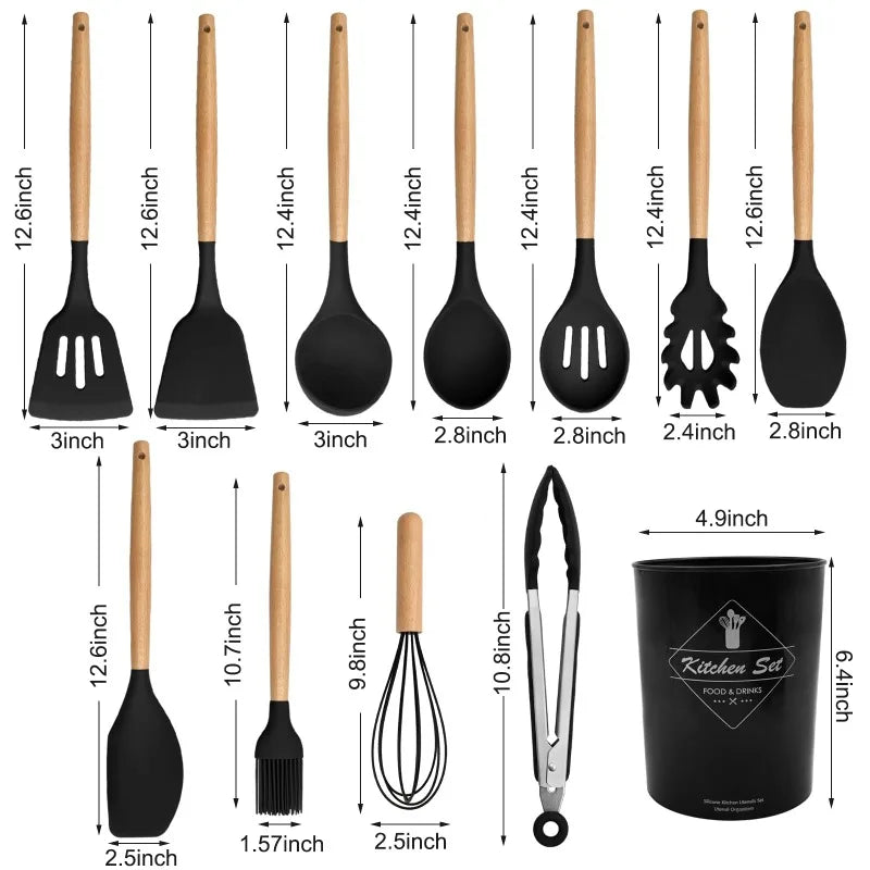 12 Silicone Kitchen Utensils with Solid Wood Handles, and a Holder Bucket - Multiple Color Options