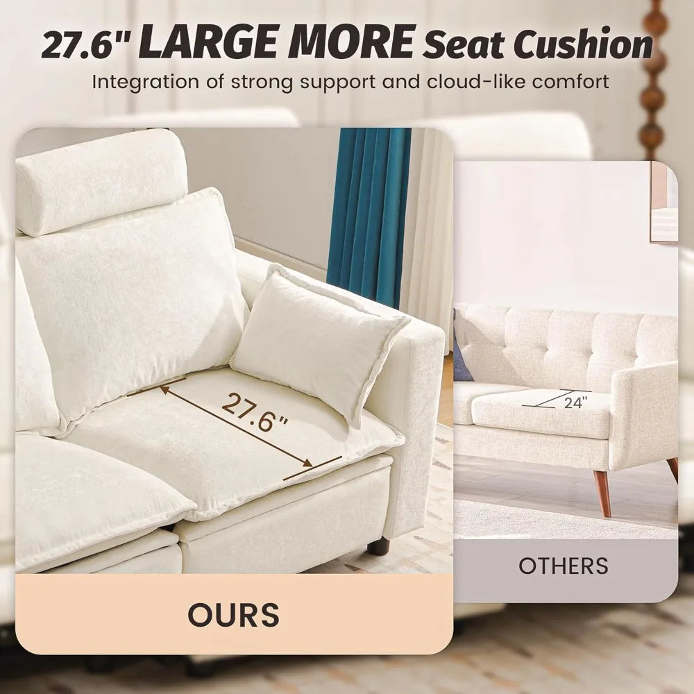 Oversized Power Reclining Sofa - Grey or Cream Cloud Chenille with Adjustable Headrest, Pillows & Hidden Storage