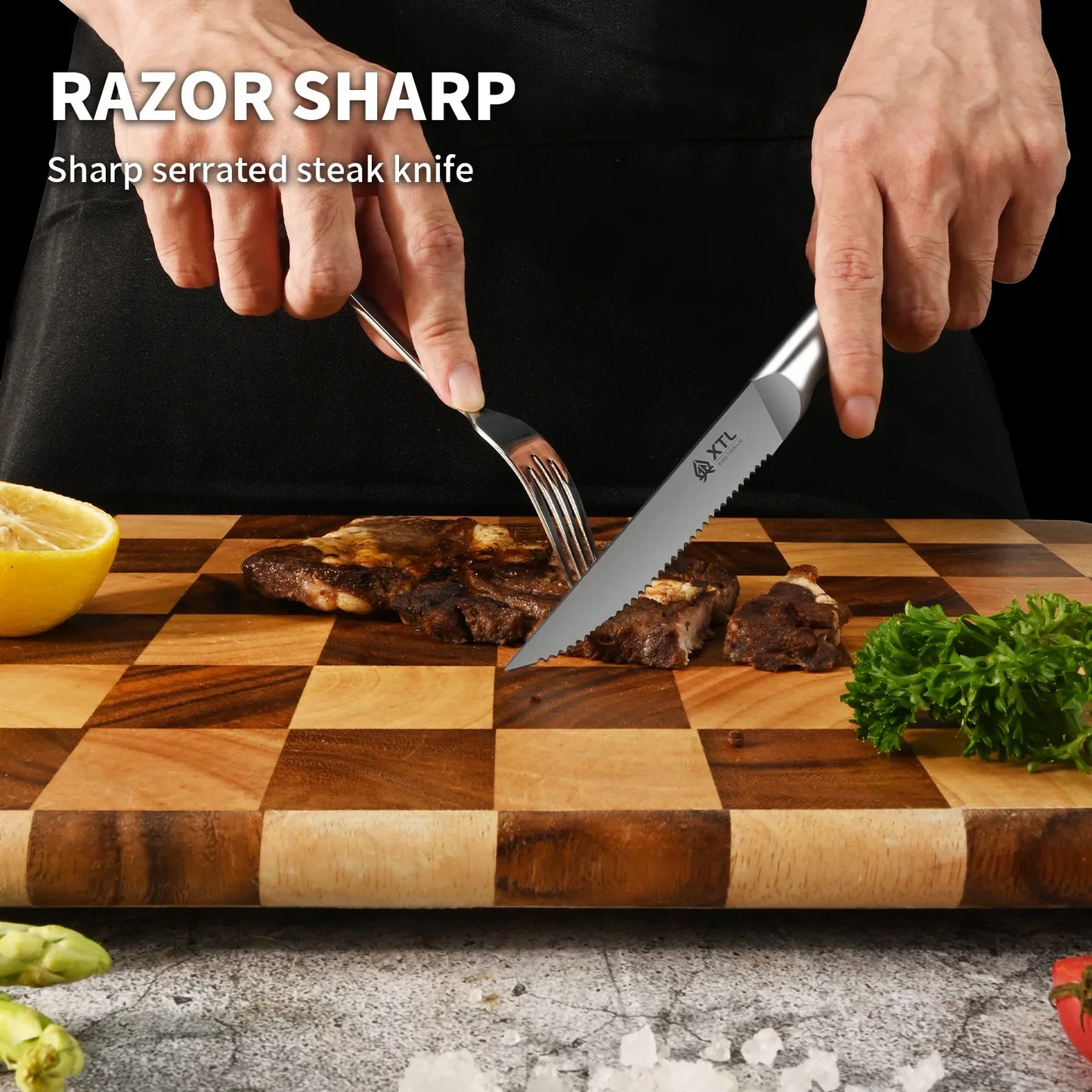 Steak Knife Set: Stainless Steel Kitchen Knives - One Piece, Handle to the Tip of the Blade