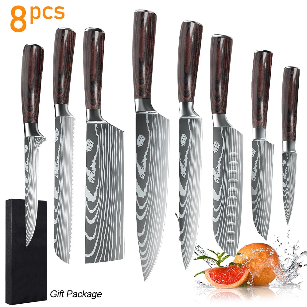 8 Piece Kitchen Knife Set: Damascus Stainless Steel, Chef, Slicing, Meat Cleaver, Utility, Paring, Bread Knife