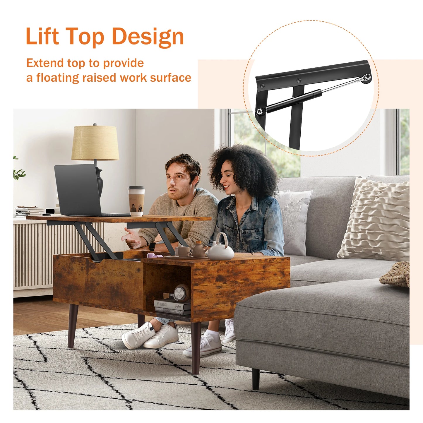 Lift Top Coffee Table 39.37"x19.7" Tea Wood Easily Adjustable Storage Shelf/Desk