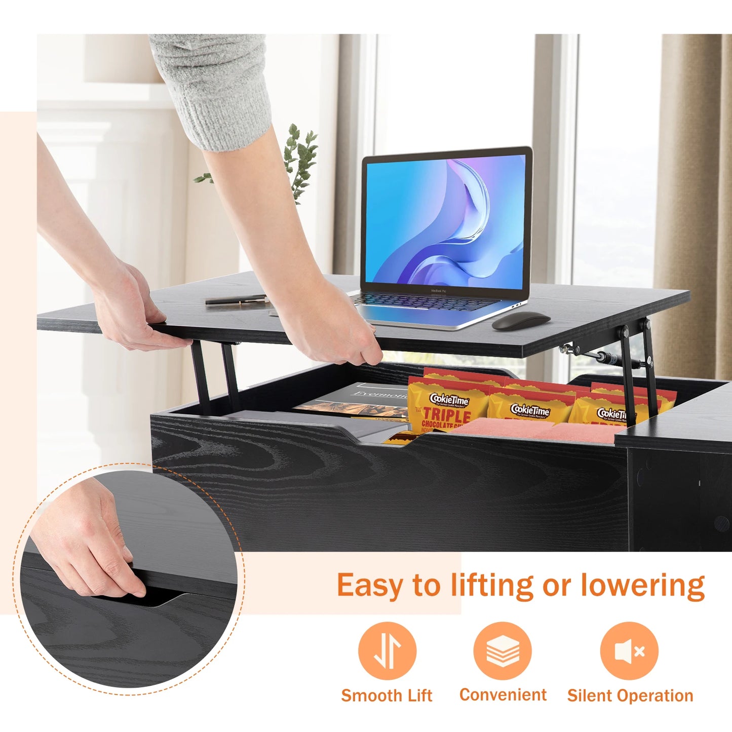 Lift Top Coffee Table 39.37"x19.7" Tea Wood Easily Adjustable Storage Shelf/Desk