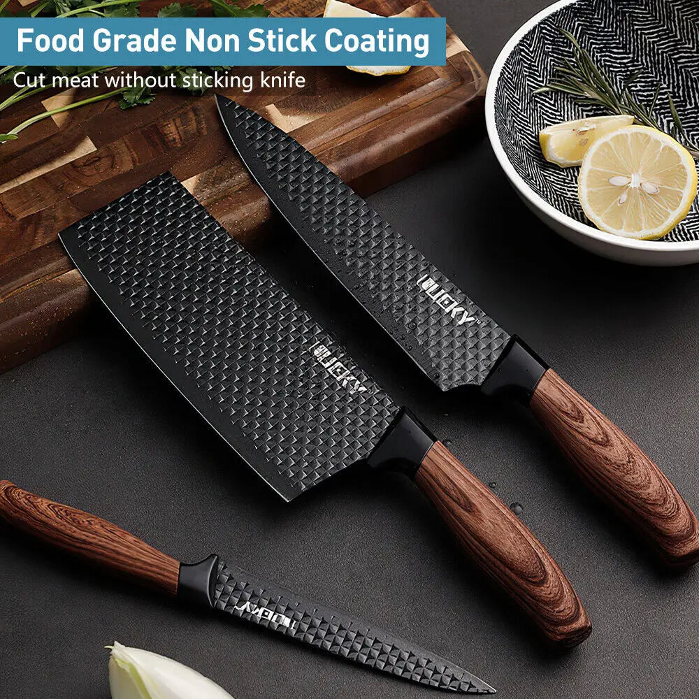 Stainless Steel Kitchen Knives Set with Non-stick Coating: Forged Kitchen Knife, Scissors, Vegetable Peeler, Slicer, Paring Knife; Sophisticated Diamond Pattern