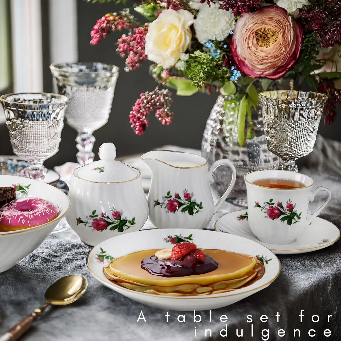 45 - Piece Vintage Rose Dinnerware Set - 24K Gold Trim, Embossed Floral  Swirl