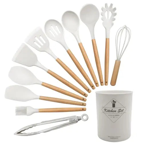 12 Silicone Kitchen Utensils with Solid Wood Handles, and a Holder Bucket - Multiple Color Options