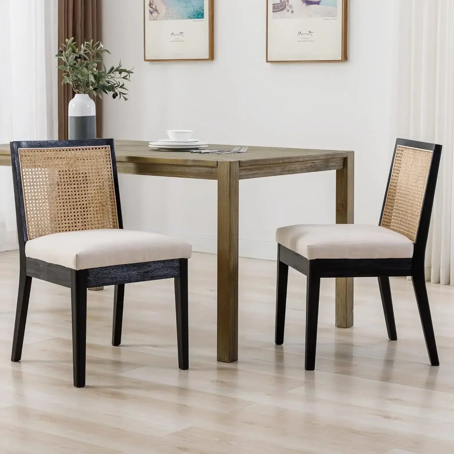 Upholstered Natural Wood Rectangle Cane Country Farmhouse Rattan Dining Chairs - Set of 6