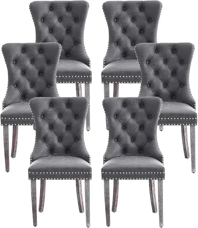 Leather Dining Chairs Set of 6, Luxury Wingback Upholstered Dining Chairs with Nailhead Trim and Solid Wood Legs, 10 Color Choices