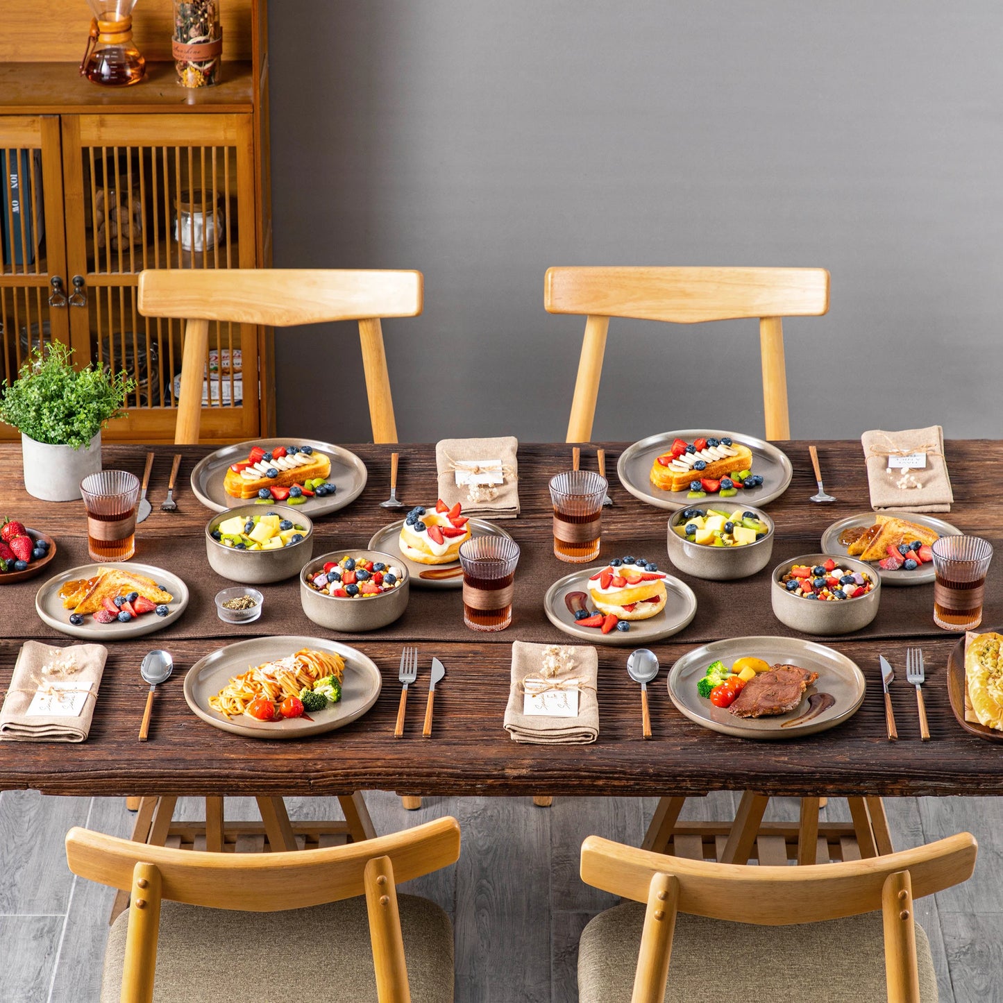 12/24 Piece Elegant Brown Reactive Glaze Stoneware Set with Dinner plate/Dessert Plate/Cereal Bowls