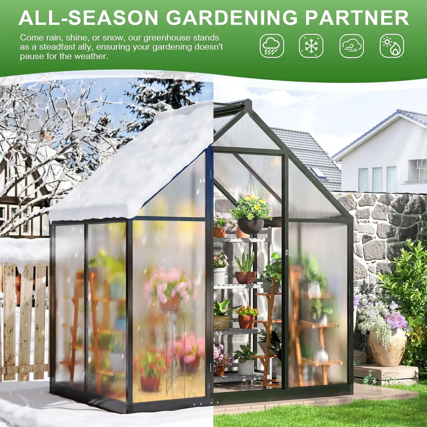 4x6' Greenhouse, Aluminum, Quick Assembly: Structured Polycarbonate Walk-in Greenhouse