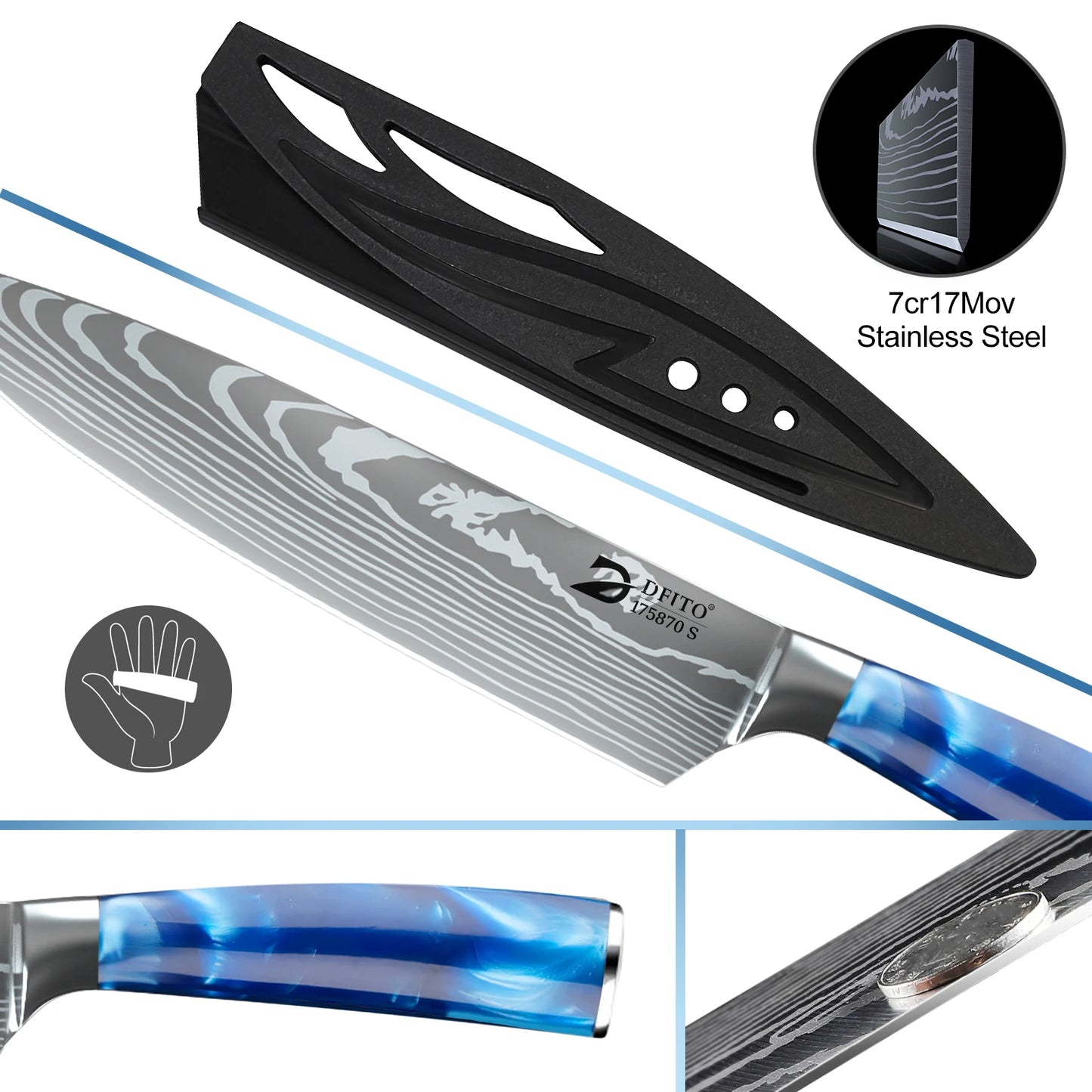 8pc German Damascus Chef's Knives Set: Utility, Sharpener, Boning Knife, Cleaver, Meat, Fruit, Bread Knife,  Japanese Santoku Knife with Covers -- Comes with Carrying Bag