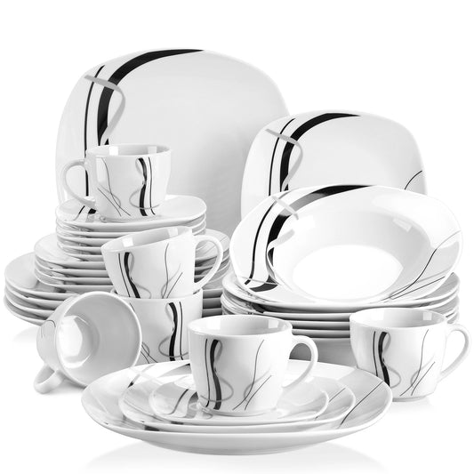 30/60 Piece Black Porcelain Tableware Set with Dessert Plates/Soup Plates/Dinner Plates/Cups/Saucers