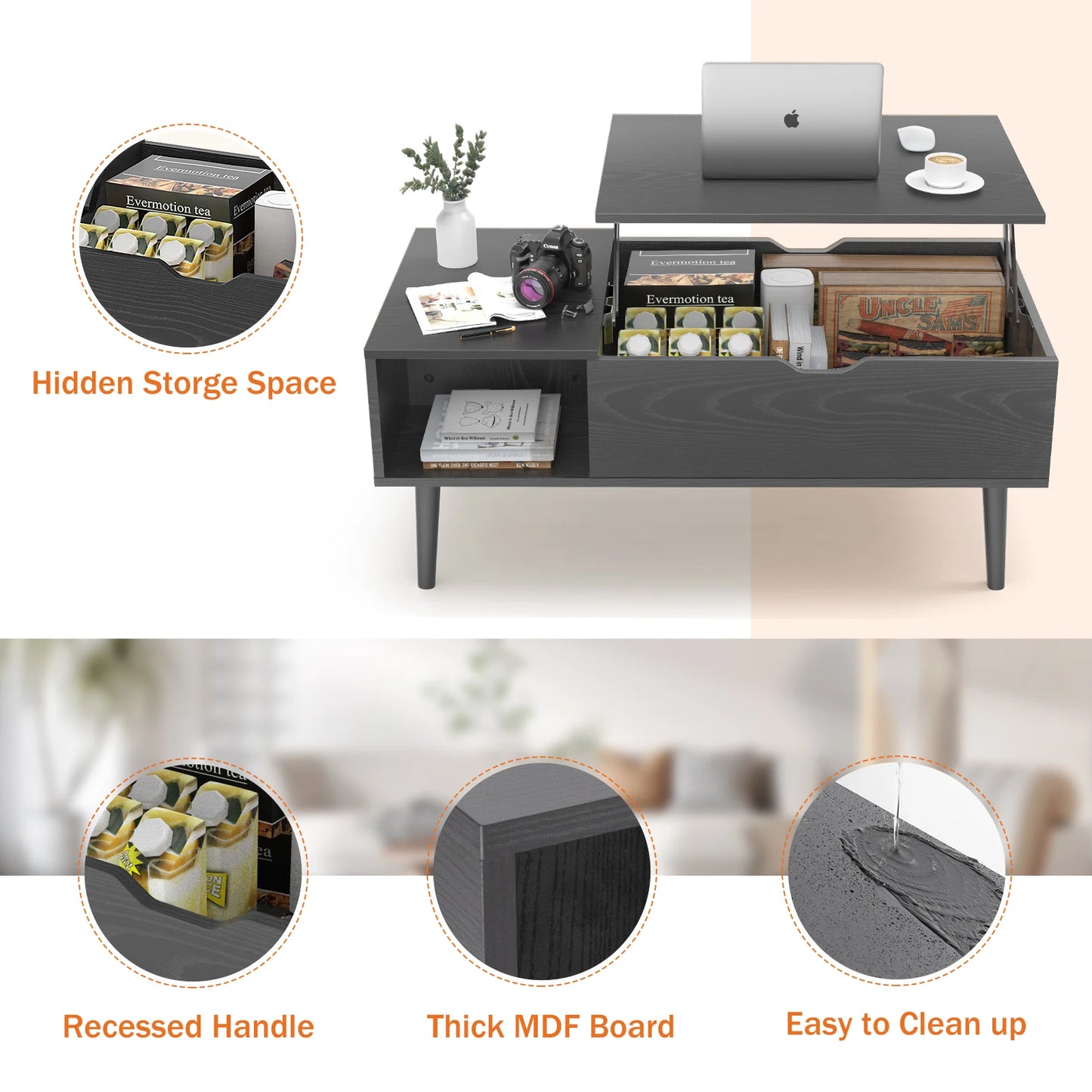 Lift Top Coffee Table 39.37"x19.7" Tea Wood Easily Adjustable Storage Shelf/Desk