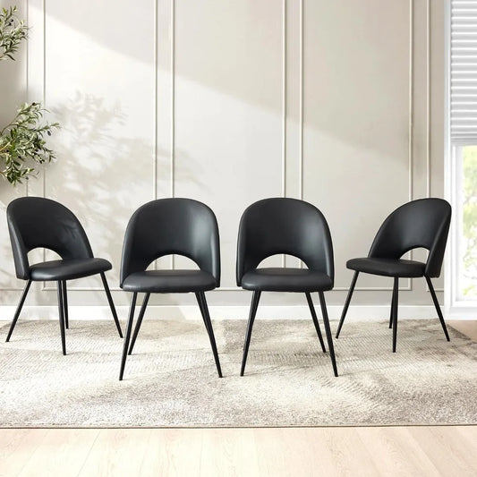 Comfortable Black Modern Leather Dining Chairs with Soft Cushion Seat and Sturdy Metal Legs