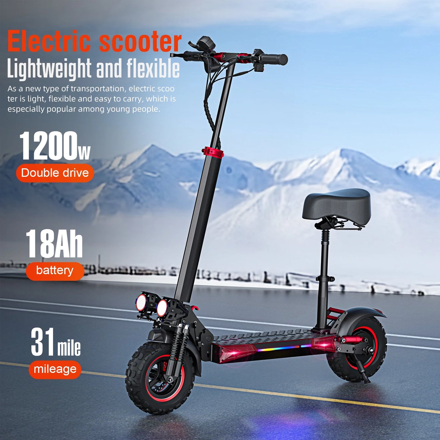 Foldable Waterproof Adult Electric Scooter 11" Off-Road Tires 48V 1200W 18Ah