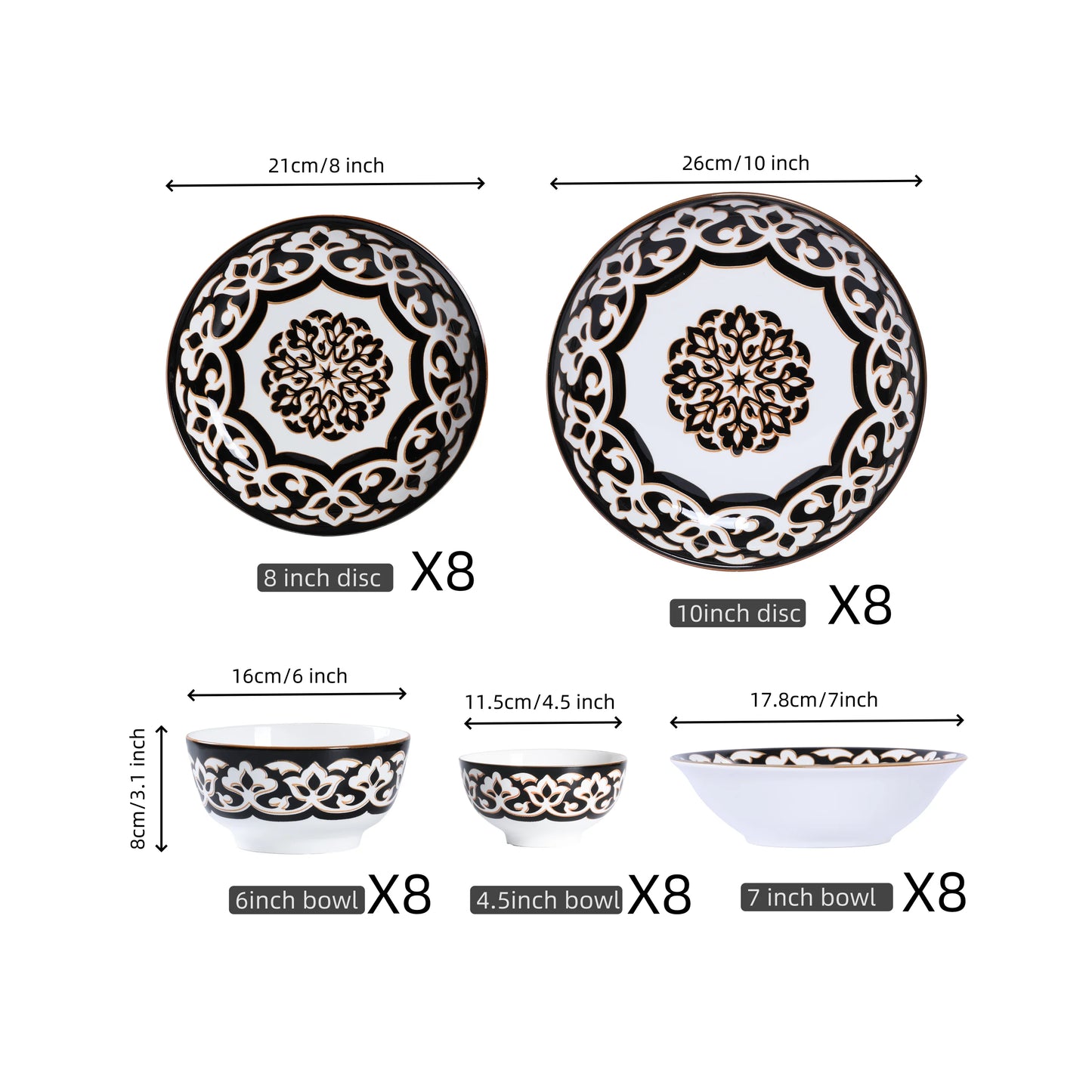 12/20/30/40 Piece Porcelain Tableware sets for 4/6/8 People - Combination Golden Border Floral Stamen Pattern, Glazed Craftsmanship