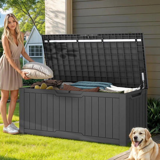 120-Gallon Resin Outdoor, Lockable Lid Storage Box, Waterproof for Garden Tools, Pool Supplies, and Sports Gear