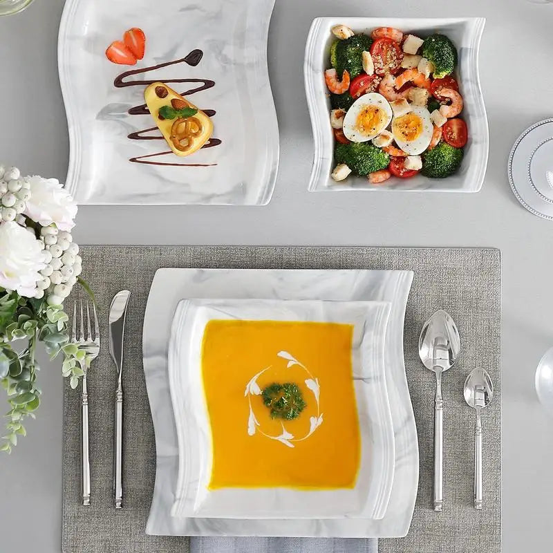 16 Piece Ivory Square Plates and Bowls Set, Unique Design