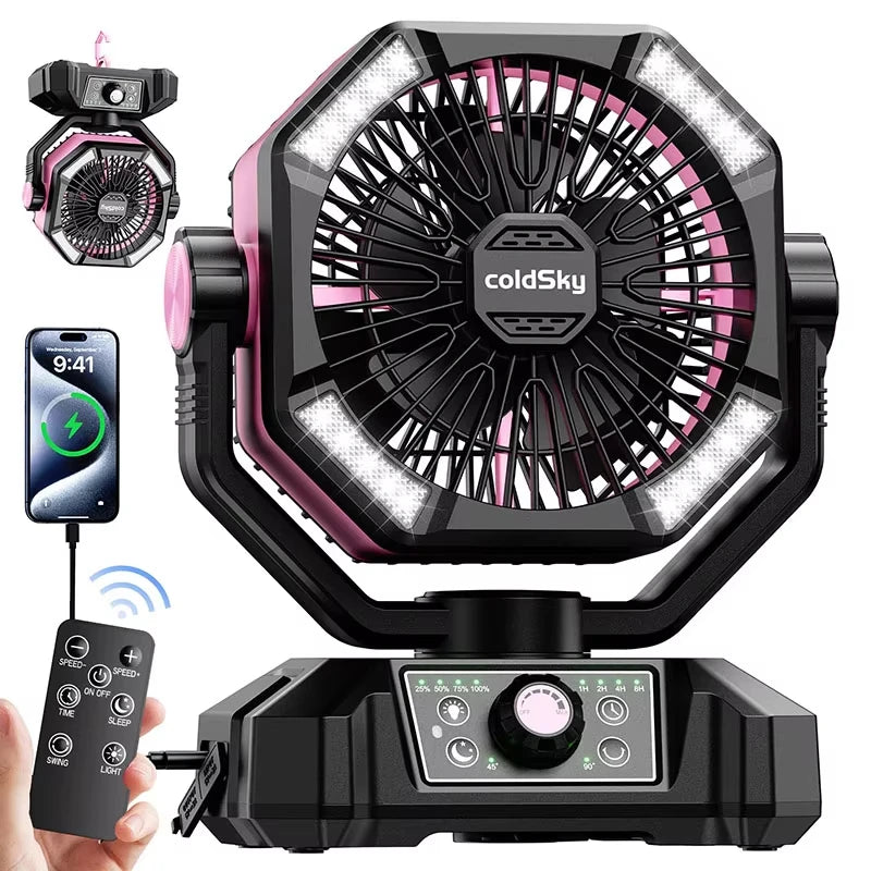 Outdoor Camping, Fishing etc., Fan with 4 LED Lantern, 8 Speeds, Auto-off Timer 20000mAh Battery