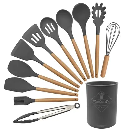 12 Silicone Kitchen Utensils with Solid Wood Handles, and a Holder Bucket - Multiple Color Options