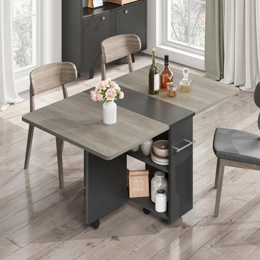 Space Saving Folding Dining Table with 2 Tier Storage-Extendable Drop Leaf
