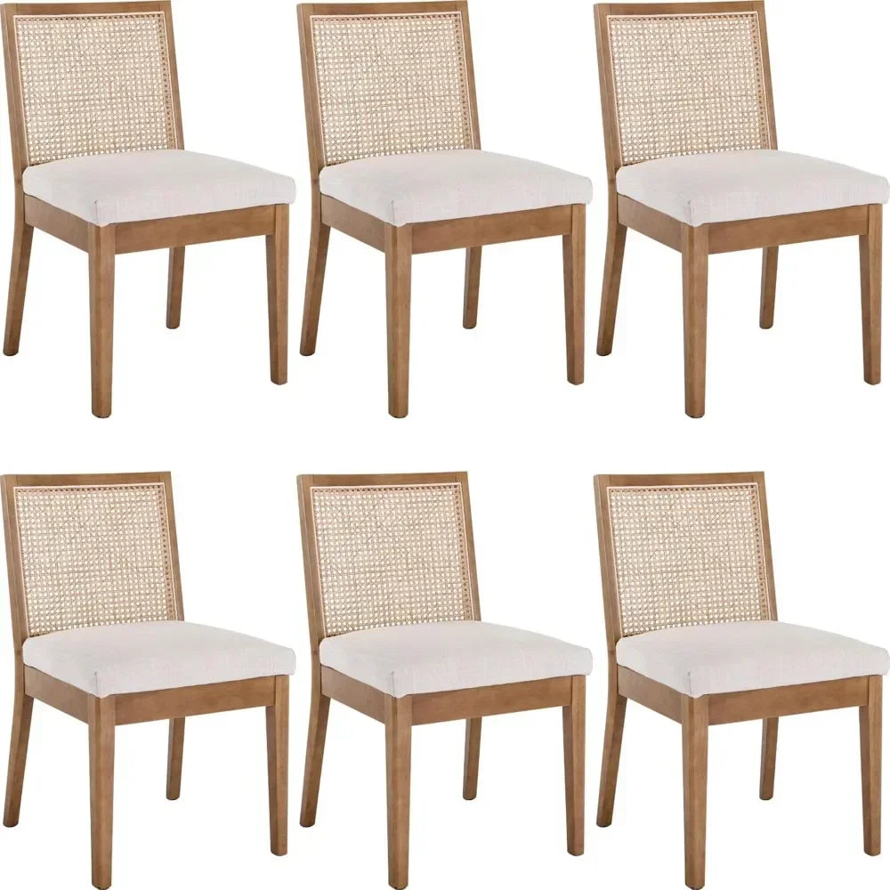 Upholstered Natural Wood Rectangle Cane Country Farmhouse Rattan Dining Chairs - Set of 6