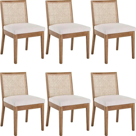 Upholstered Natural Wood Rectangle Cane Country Farmhouse Rattan Dining Chairs - Set of 6