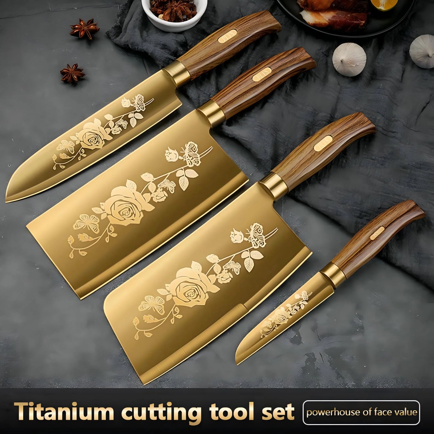 4-Piece Titanium-Coated Kitchen Knife Set - Sharp, Durable, Perfect for Cutting Meat and Bones, Commercial kitchen and Home Cooks