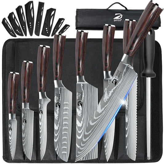 8 piece Kitchen Knives - Damascus Stainless Steel: Chef Knife, Utility, Paring, Boning, Cleaver, Slicing Santoku, Includes Professional Carrying Bag