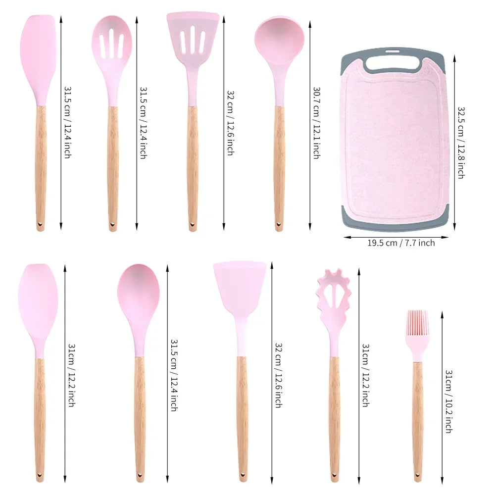 20 Piece Silicone Kitchen Set: 5 Knives, 9 Silicone Wooden Handle Tools, All Non Stick: Includes Tongs, Wisk, Scissors, Peeler