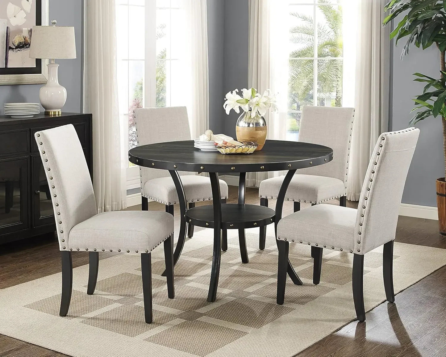 Furniture Biony Tan Fabric Dining Chairs with Nailhead Trim, Set of 2, Brown, Tan