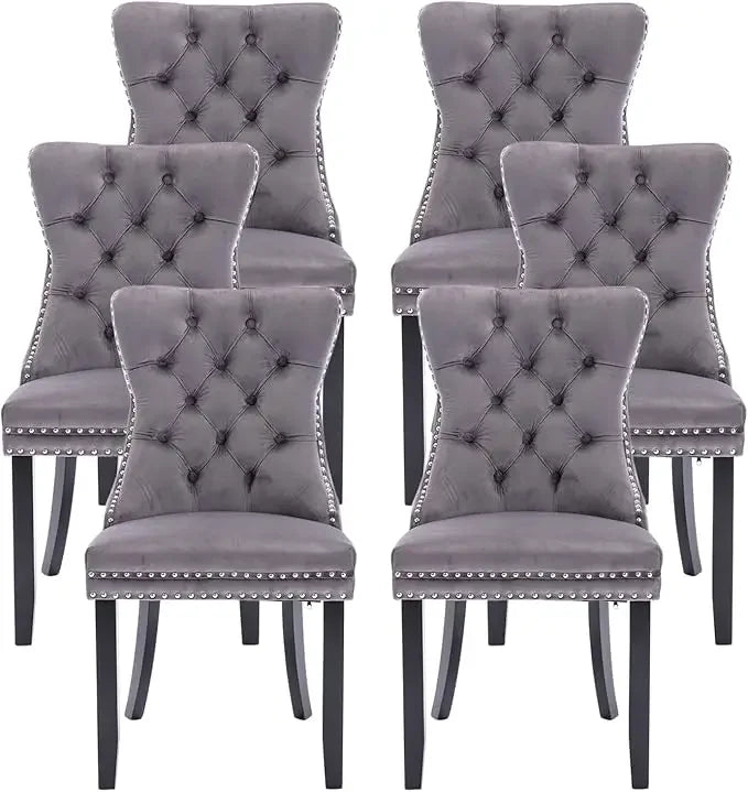 Leather Dining Chairs Set of 6, Luxury Wingback Upholstered Dining Chairs with Nailhead Trim and Solid Wood Legs, 10 Color Choices