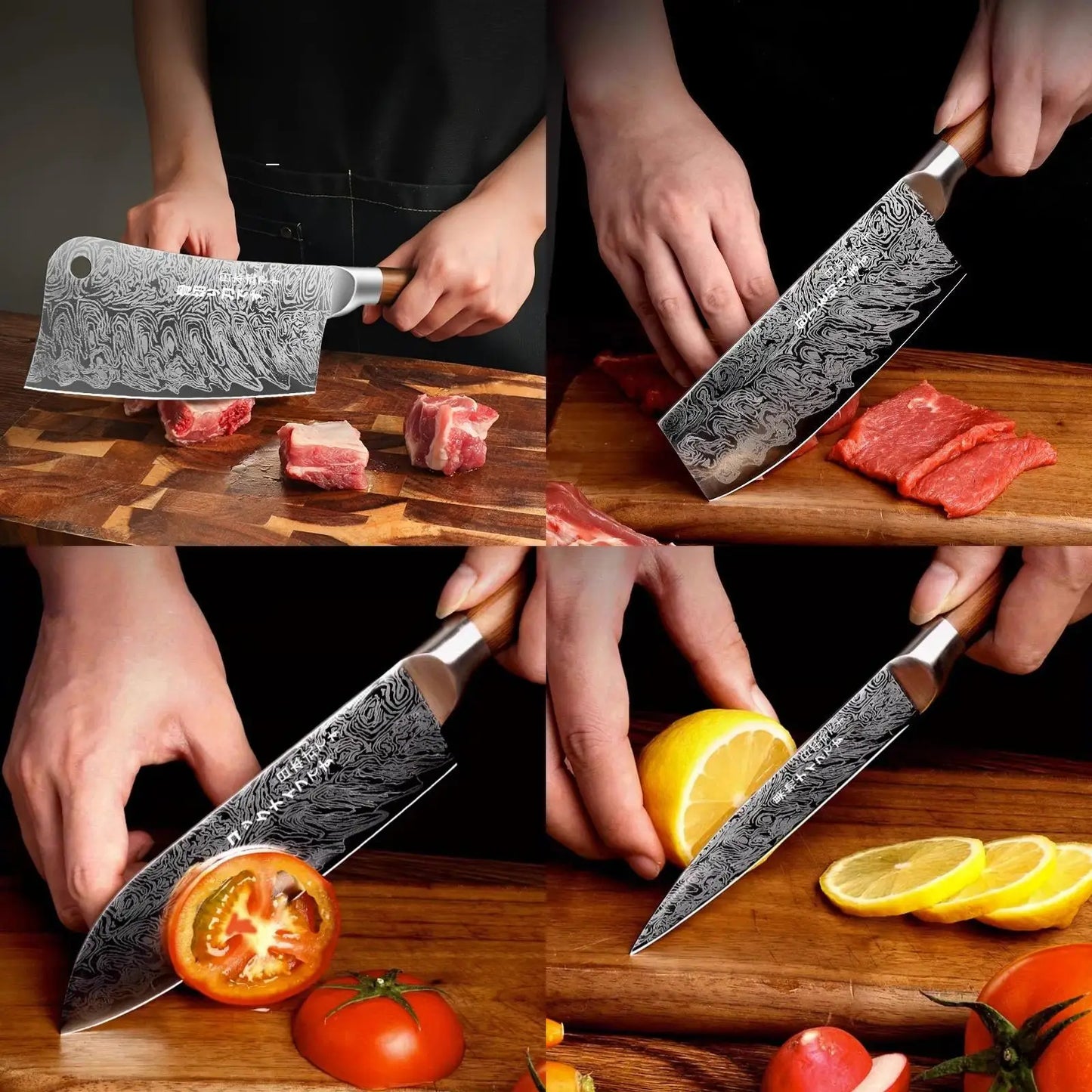 Japanese 4-Piece Damascus Kitchen Knife Set - Stainless Steel Chefs Knives, Home and Restaurant Use
