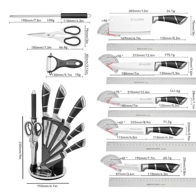 Beautiful Kitchen Knife Set: 9pc Stainless Steel Non-Stick Coated Chef Knives with Sharpener and Stand - 3 color choices
